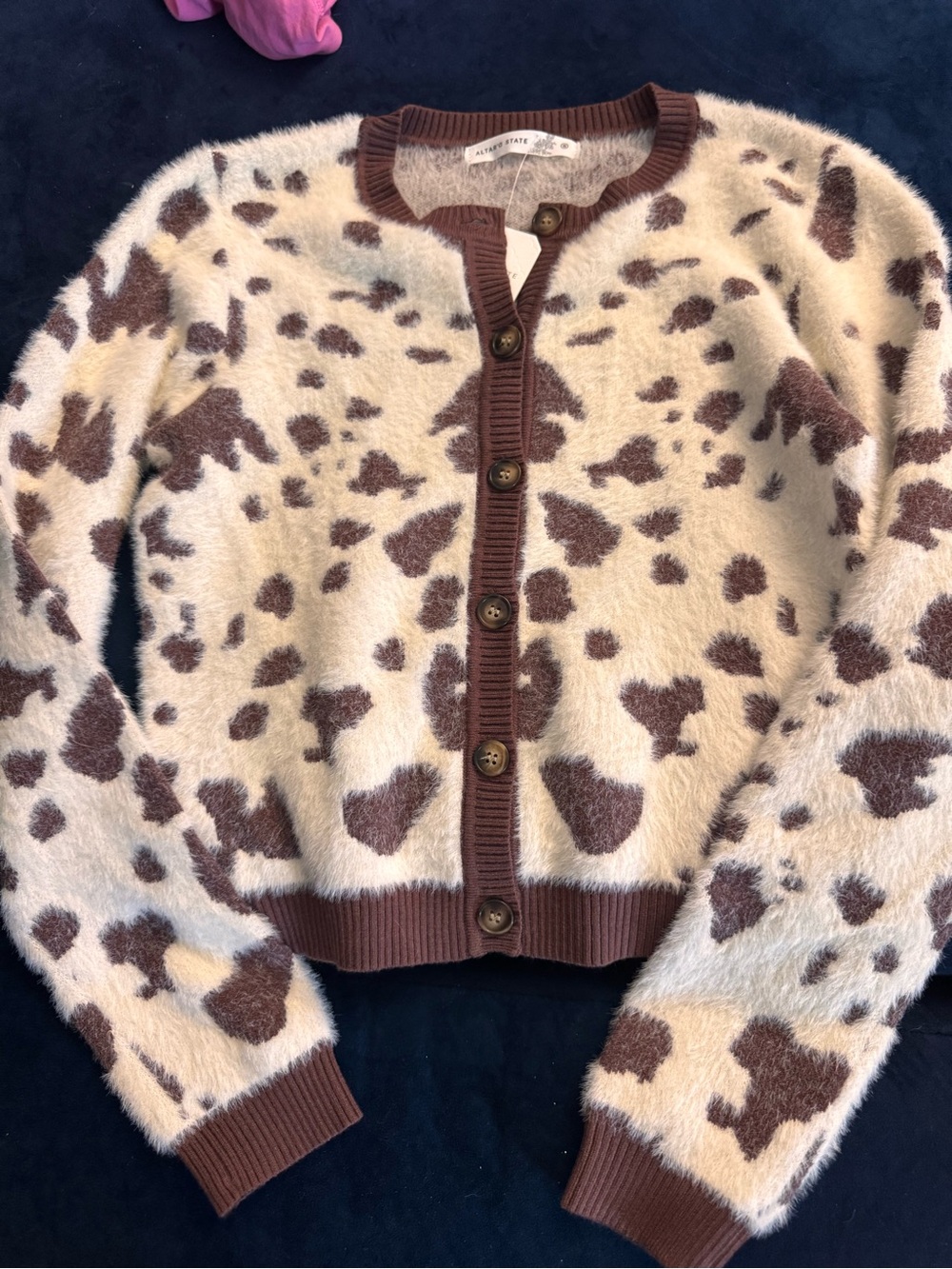 Altar'd State Women's Cardigan Button Up Brown And Cream Cow Print, Size Small